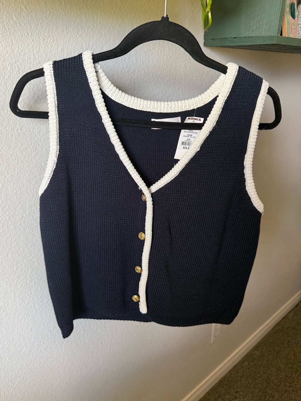 LC Lauren Conrad Navy Knit Button-Front Vest with White Trim